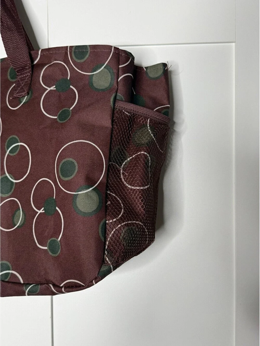 Large Burgundy Tote with Green and Cream Circular Print